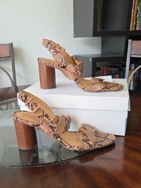 Crown Vintage Tan Brown Snake-Print Block Heel Sandals